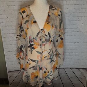 BCBGeneration Floral Ruffle Mini Dress Tie Front Back Cutout Cream Yellow Size 0